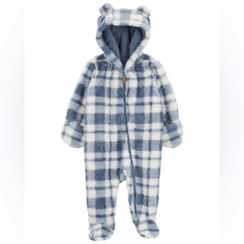 Carter's Bear Ear Blue and White Plaid Fleece Sherpa Jumpsuit